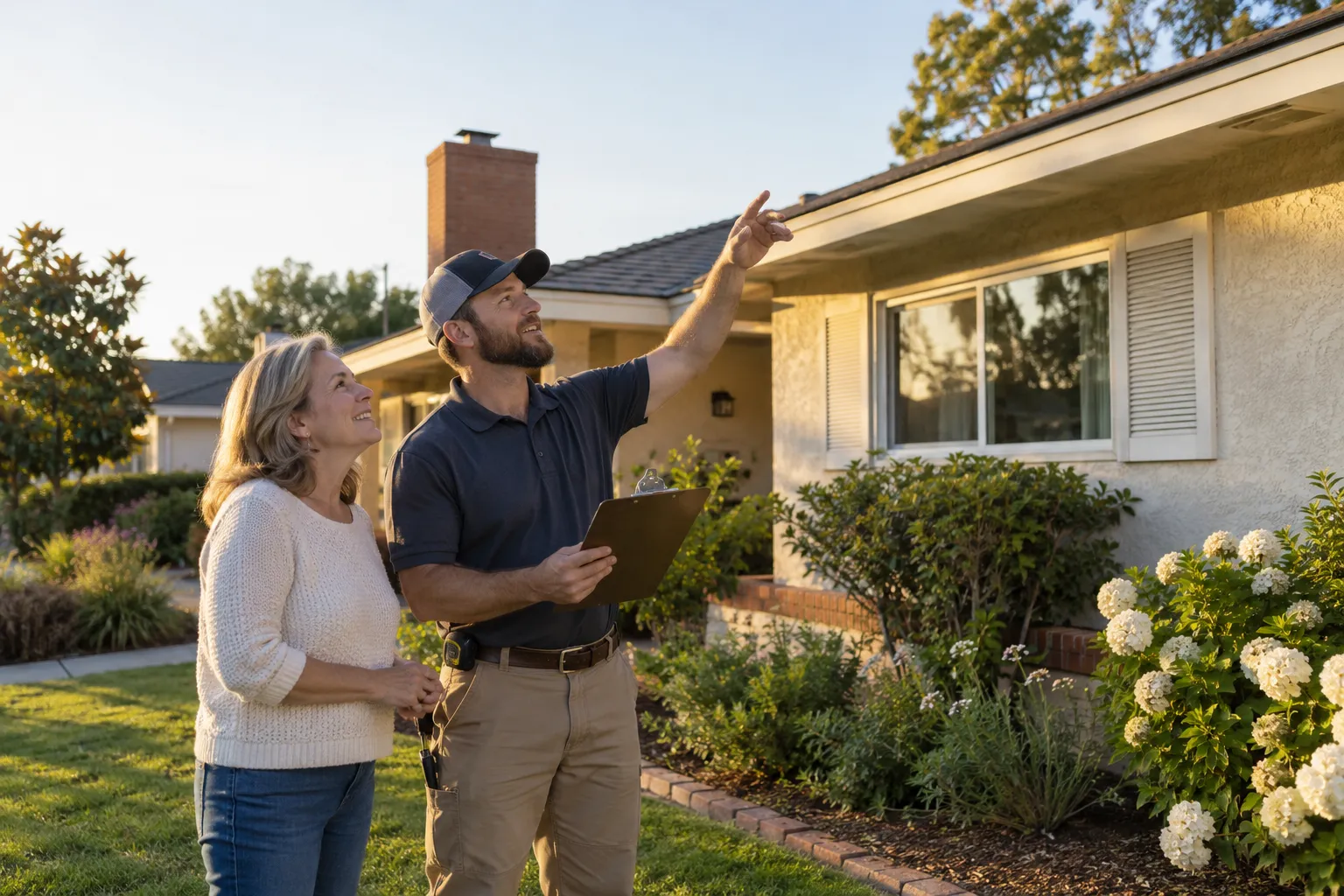 Independent roofing provider reviewing an older stucco ranch home roof in Riverside