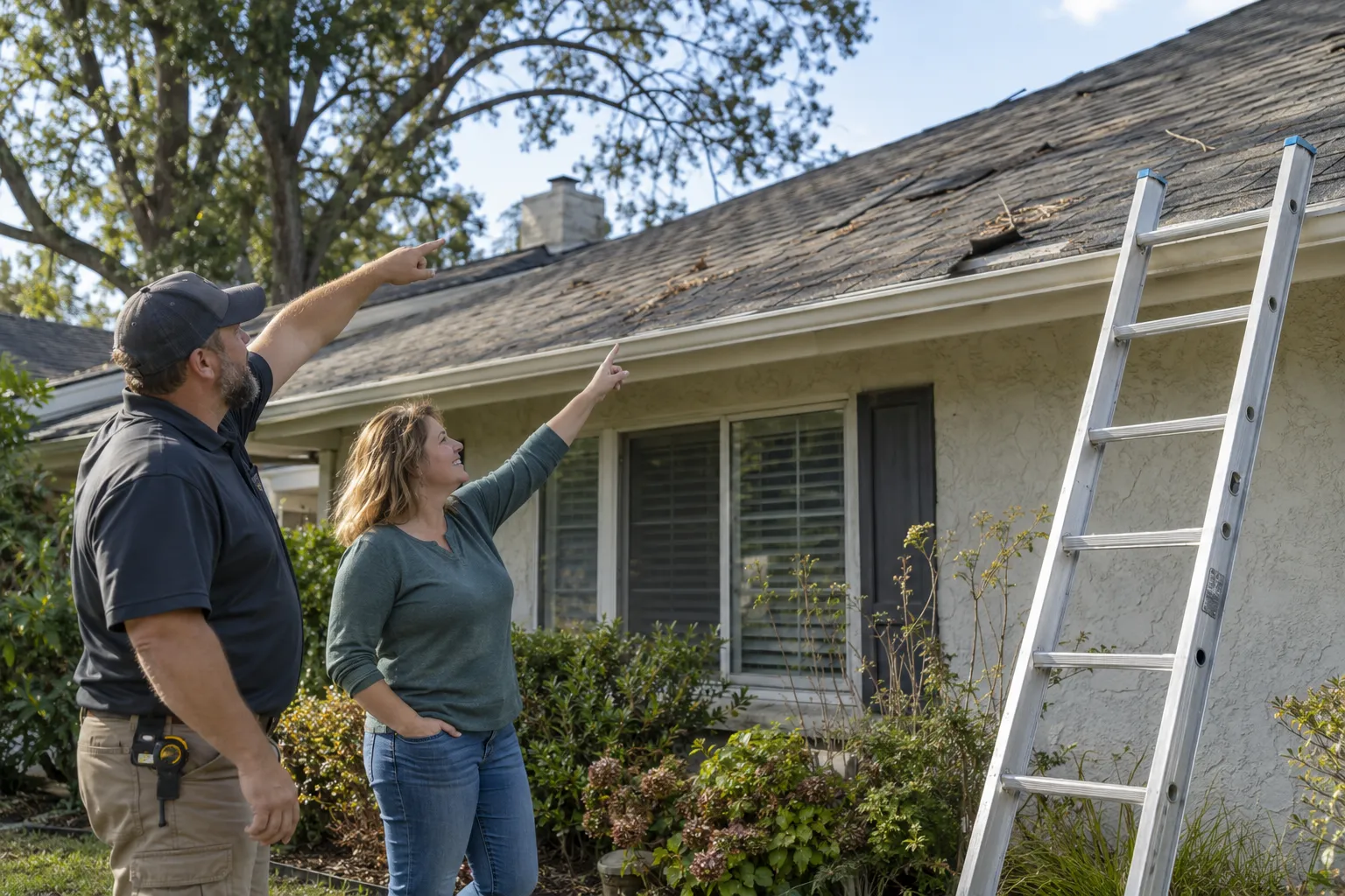 Homeowner and roofing provider looking over hail-damaged shingles on an older ranch home in Riverside